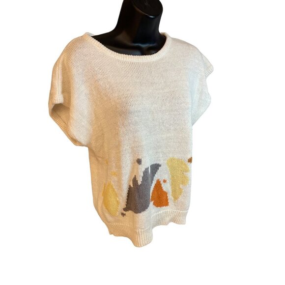 Vintage Smith and Jones White Fall Leaf Knit Short Cap Sleeve Sweater Sz L - Picture 3 of 7